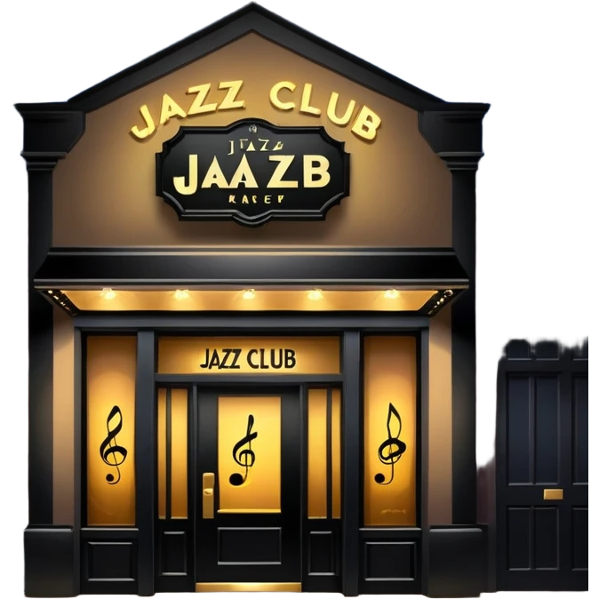 jazz club entrance at night with glowing sign and music notes emoji