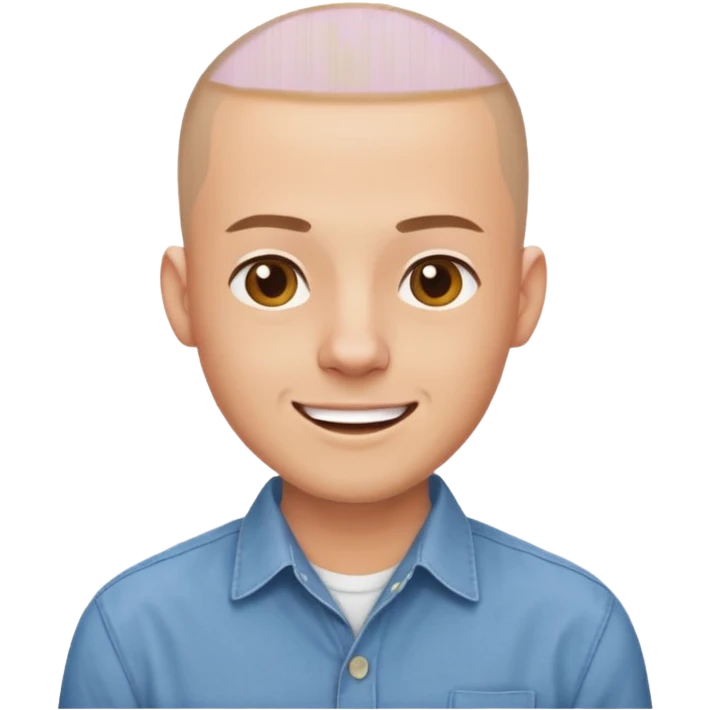 man in his 30s, shaved head, wearing a button-up shirt, cheerful expression emoji