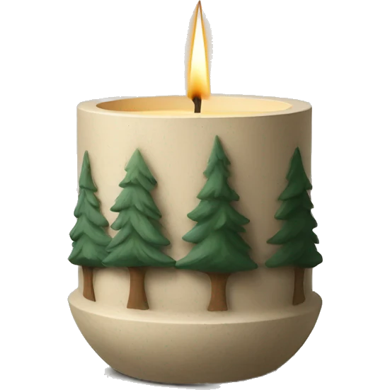 Candle in beige concrete vessel with painted pine trees emoji