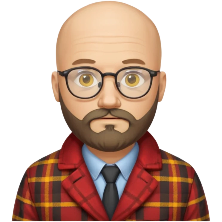 Un profesor calvo, que tenga barba abundante, lleva gafas con el cristal de color amarillo y un abrigo de cuadros rojo emoji