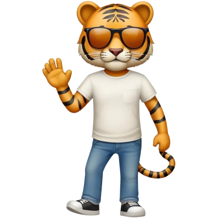 anthropomorphised tiger in a band t-shirt and jeans wearing sunglasses walking upright emoji