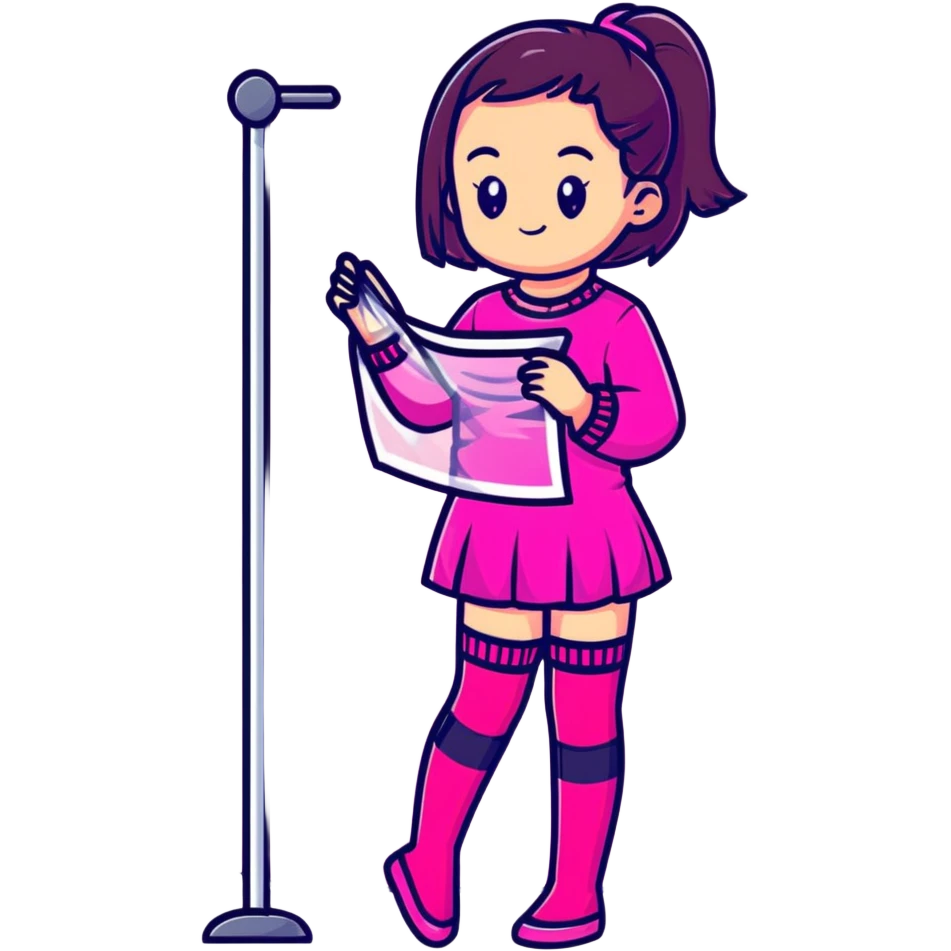 Cute girl character in stockings adjusting fashion accessory, bright pink gradient, transparent glass style with highlights emoji