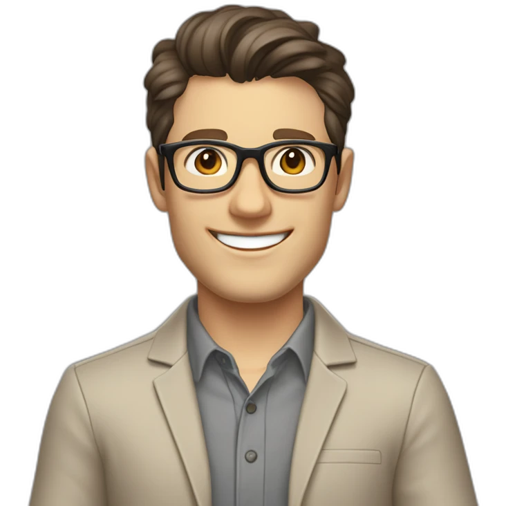 Joyful Pale skinned Fit Man With dark brown hair in gray jacket, beige office shirt, Brown pants and vintage glasses. His thrumbs up emoji