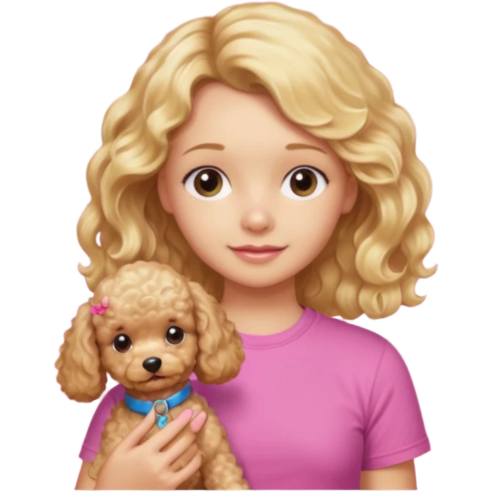 hazme un emoji que sea una niña rubi con el pelo ondulado i una camiseta rosa que ponga brownie, i acariciando a un perro (caniche toy) si pero con el pelo mas largo i no tan rubia emoji