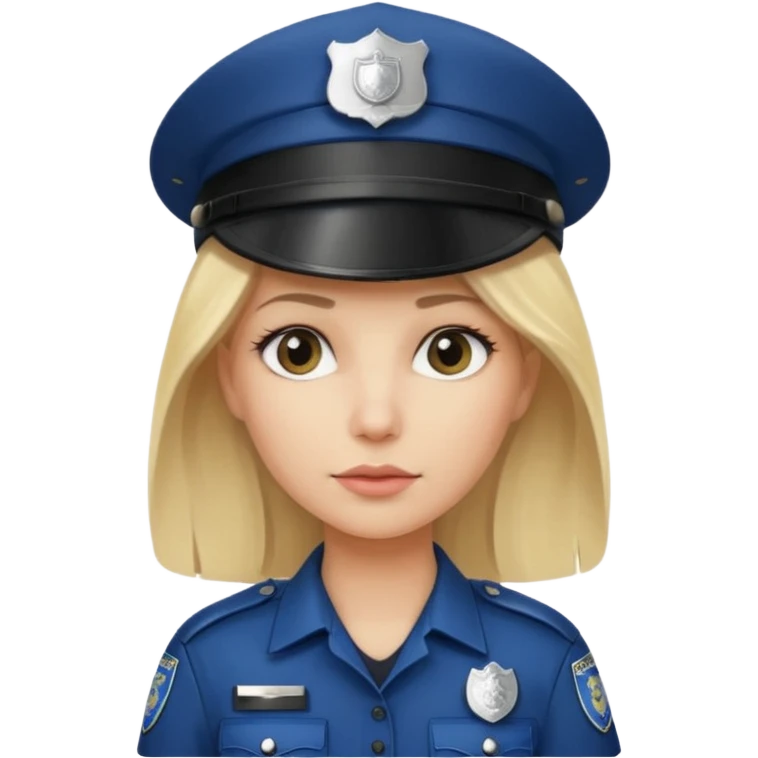 A blonde woman wearing a dark police hat with a silver badge, looking straight ahead with a calm expression. emoji