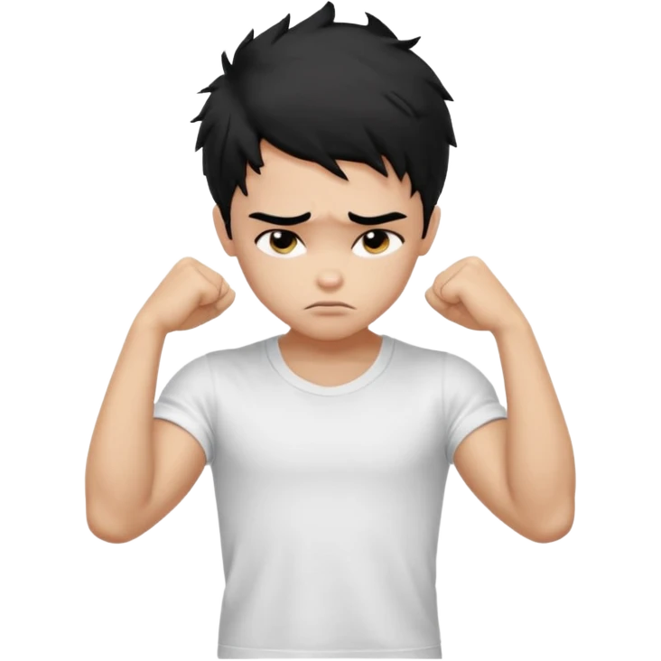 a PRETTY BRATZ boy with black messy hair, one hand on head. looking sad. lean biceps emoji