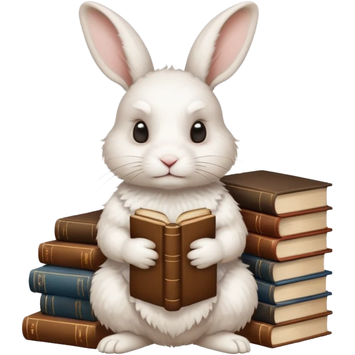 White rabbit sitting horizontally in a natural position on 4 legs, without a book.  There are 3 books nearby. books lie on top of each other other in brown tones

 emoji