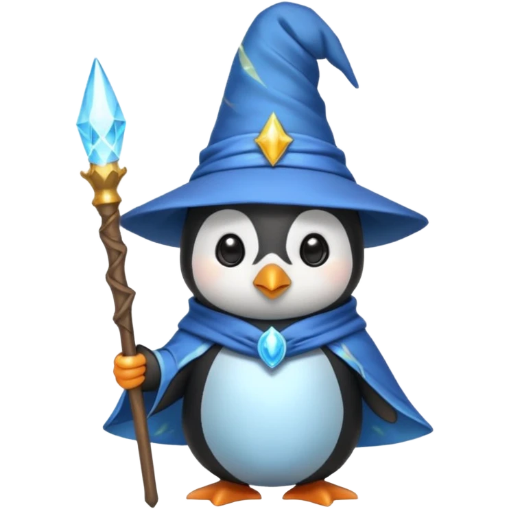 cute penguin dressed as a wizard with a pointy hat and magic staff, emoji style emoji
