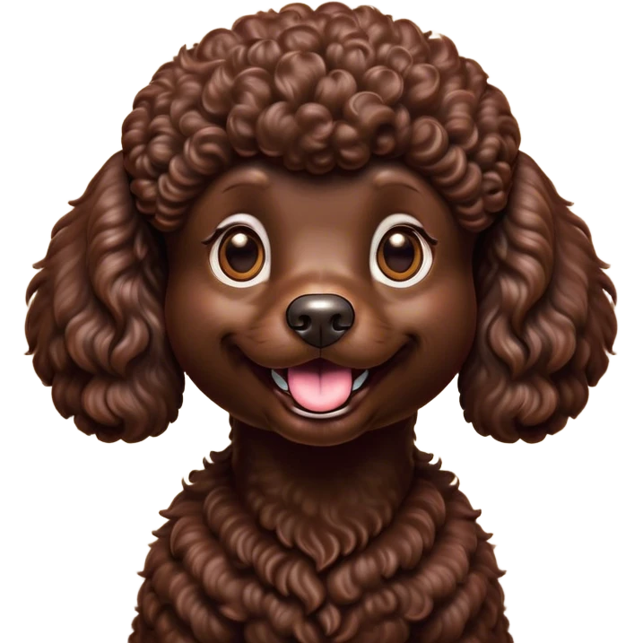 Cinematic Comical Chocolate Poodle Portrait Emoji, Head tilted dramatically with an exaggeratedly amused expression, featuring a glossy, curly chocolate Fur with a bouncy texture, wide, expressive brown eyes filled with playful disbelief, Simplified yet hilariously expressive features, highly detailed, glowing with a slightly sassy glow, high shine, dramatic yet playful, stylized with an air of cheeky mischief, bright and endearing, soft glowing outline, capturing the essence of a spirited and over-the-top companion, so meme-worthy it feels like it could side-eye its way into internet fame instantly! emoji