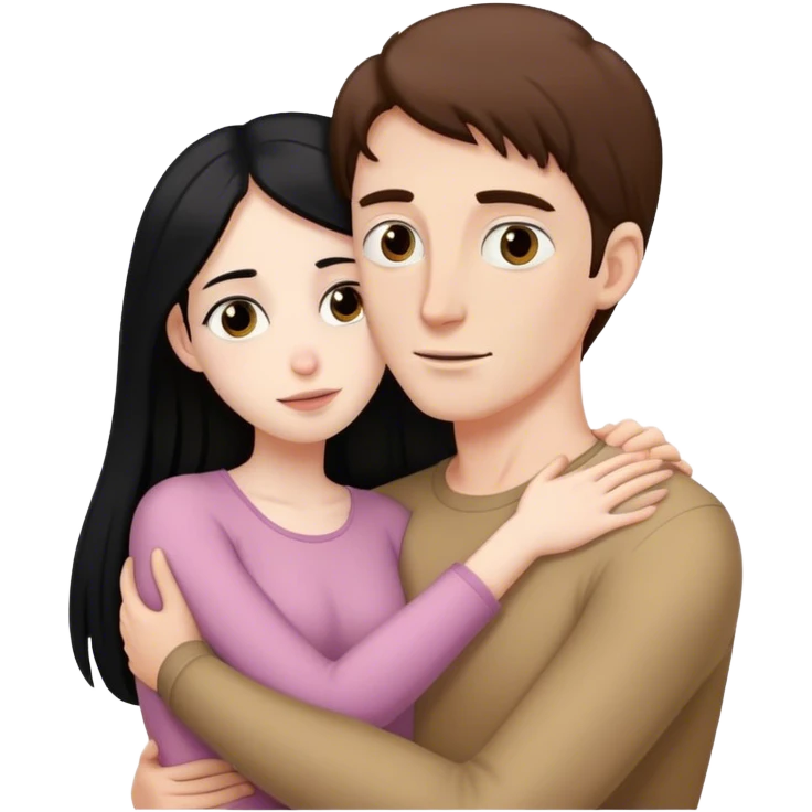 Tall pale man with brown hair hugging small pale woman long black hair emoji