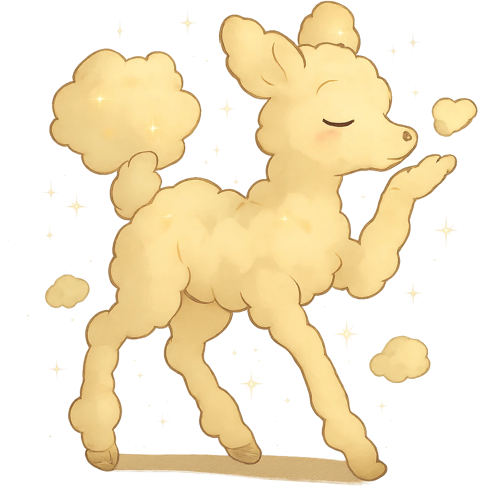 dreamy cream yellow cloud doe in Ghibli style with sparkles, blowing a kiss emoji