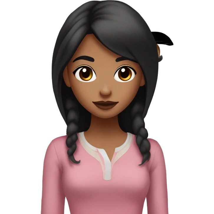 cute teenage girl with strahight black hair and black eyes having a medium-brown skin tone. She wears modest clothing, avoiding revealing styles. Her facial features, particularly around the mouth are welldefined, and she is wearing pink lipstick emoji