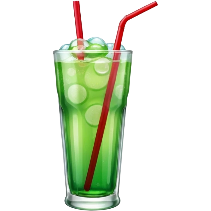 Create an emoji with a clear rounded glass, bright transparent green soda with fine bubbles, a smooth vanilla scoop, a glossy red cherry, and a black straw, using vibrant colors, soft shading, and clear glass highlights.
 emoji