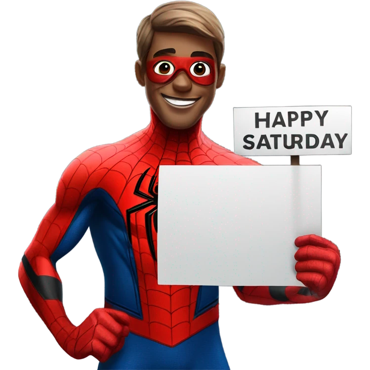 Spider-Man with a sign that says happy Saturday emoji