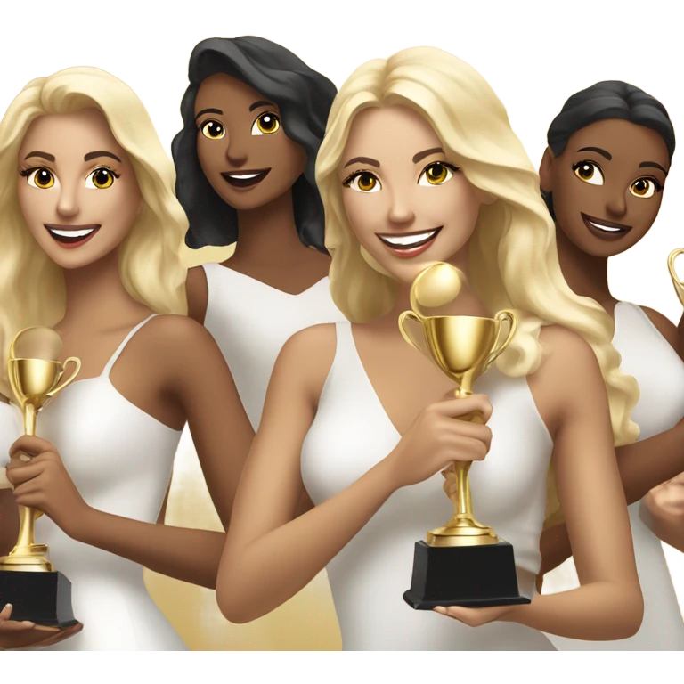 Six beautiful and elegant blonde and Latina models celebrating with 1 huge gold trophy emoji