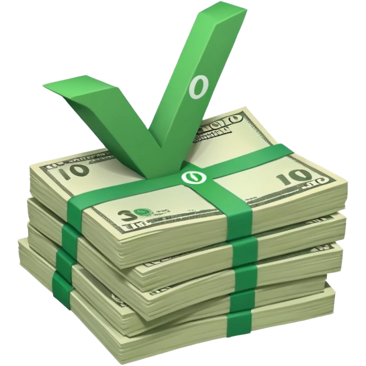 stack of bills facing up with a big green tick in the background emoji