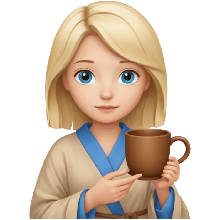 cozy blonde girl with middle length hair and blue eyes holds a brown cup in abeige  robe emoji