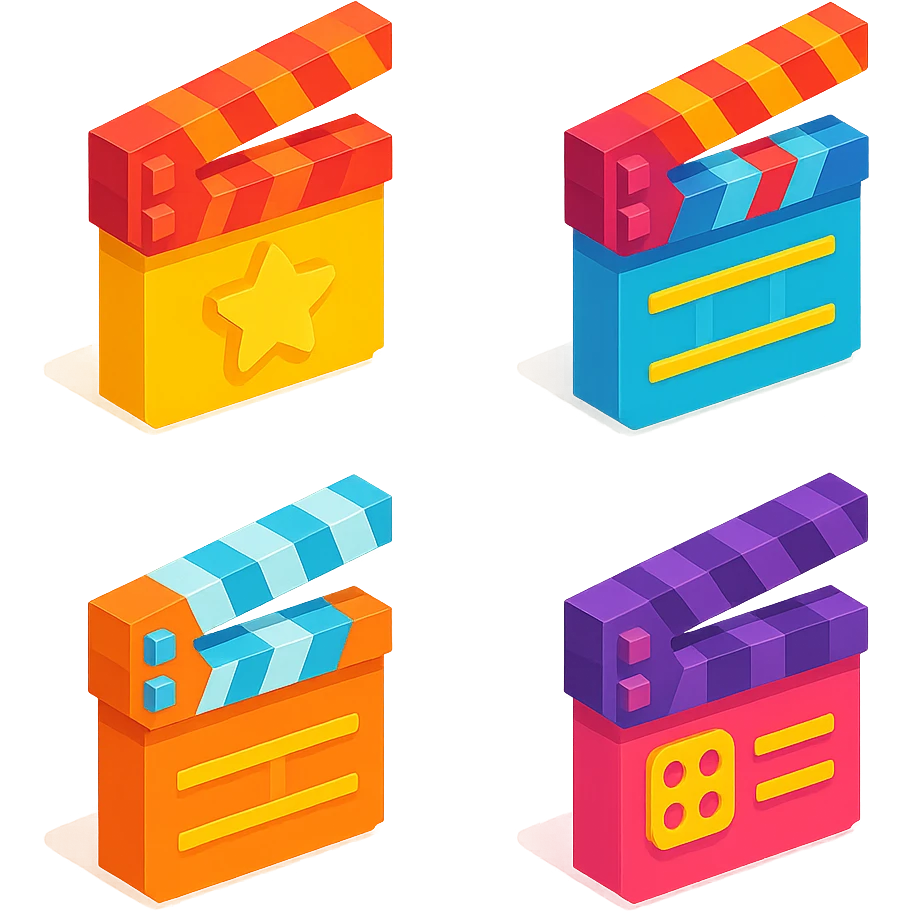 isometric view set of movie clapperboards in voxel style, various colors and patterns on lids, some with stars, stripes, or film icons emoji