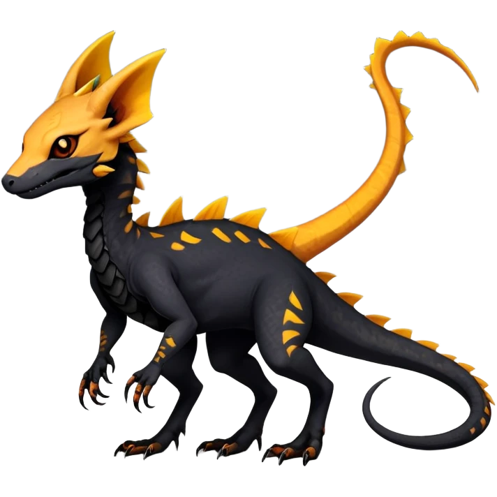 Rare realistic exotic edgy dark gothic gloomy spooky black and orange/yellow epic pretty beautiful handsome gorgeous aesthetic colorful vibrant Vernid-Trico-species-Fakemon-Salandit-hybrid-creature by LiLaiRa, 4 legs, 1 tail, random markings, (full body) emoji