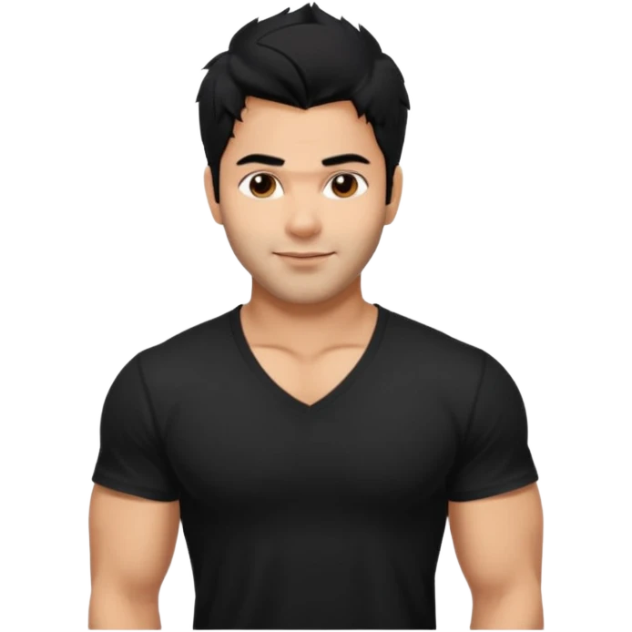 generate a pretty bratz Varun Dhawan with 
Make him wear a black v neck tshirt. muscular but still lean, smirking
He shoudl look exactly like VArun DHawan.  messy black hair emoji