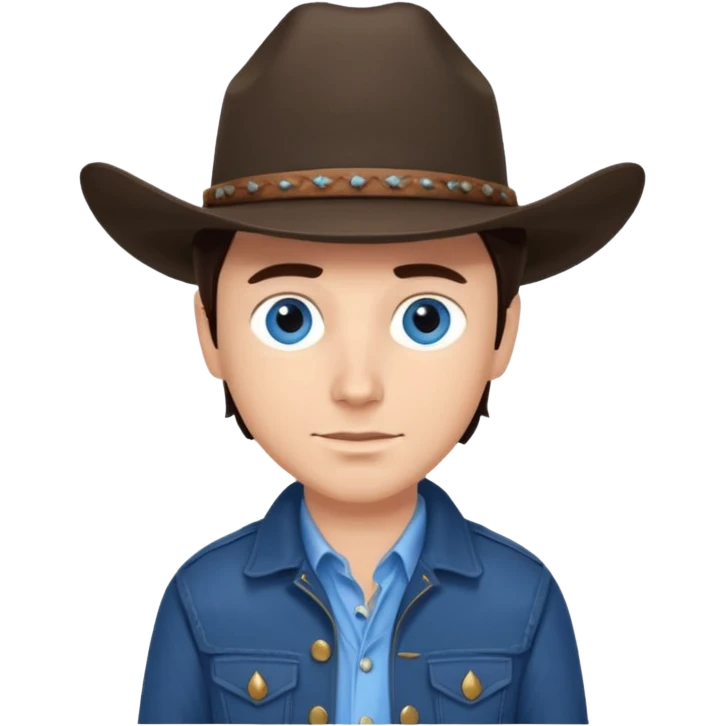 Jack Twist from Brokeback Mountain with blue eyes, dark brown hair, light blue shirt, navy blue jacket and cowboy hat emoji