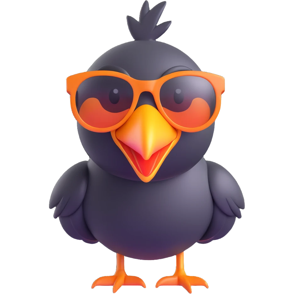 Make the bird emoji more emoji-like with a smooth, shiny 3D look, vibrant colors, and an expressive face. Keep the same pose, orange beak, and round sunglasses. Bird with a big smile. No background. Style should match modern emoji aesthetics. emoji
