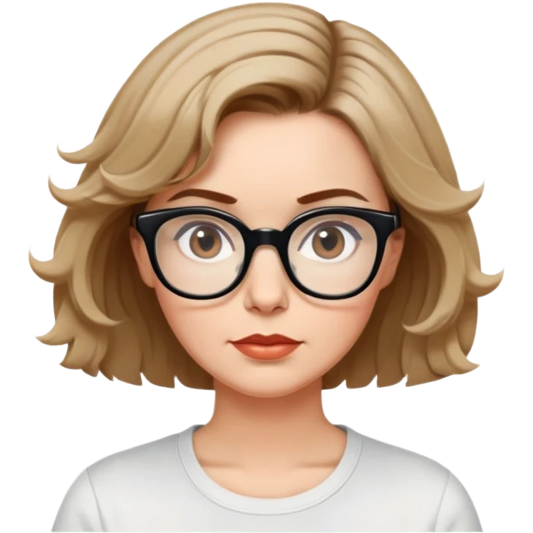white woman in 50s, light warm skin, short messy bob with some waves, medium brown hair, big black thick glasses, white t-shirt, focused and serene look emoji