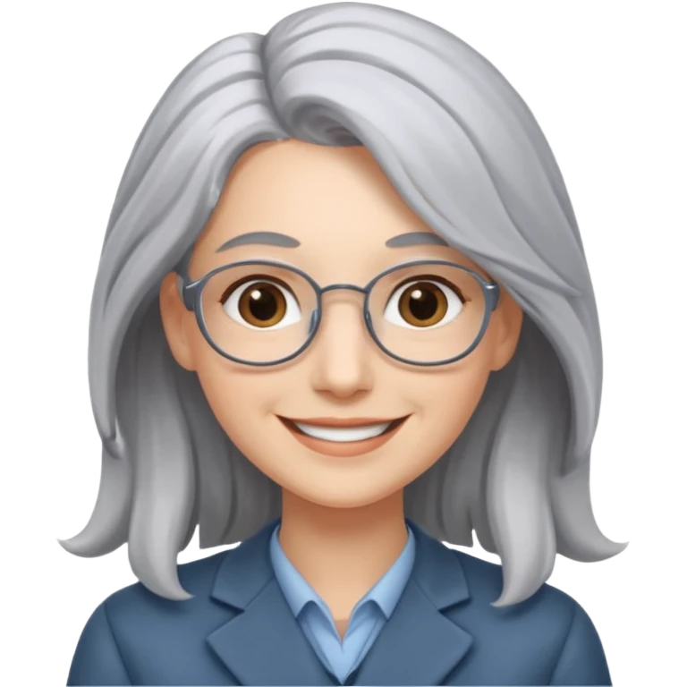 Profesora joven, sonrriente cabello gris canoso y de pelo largo  emoji