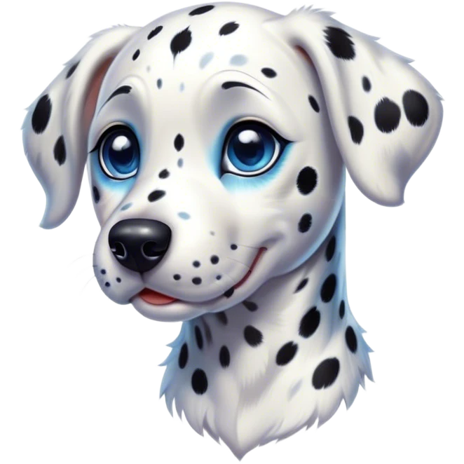 Cinematic Cute Spotted Dalmatian Portrait Emoji, Head tilted playfully and inquisitively, featuring a glossy Fur of predominantly white with dynamic black patches, round, sparkling blue eyes filled with gentle curiosity, Simplified yet irresistibly adorable features, highly detailed, glowing with a warm, friendly glow, high shine, affectionate and gentle, stylized with a touch of whimsy, bright and endearing, soft glowing outline, capturing the essence of a mischievous yet loving pup, so playful it feels like it could lumber out of the screen and into your arms! emoji