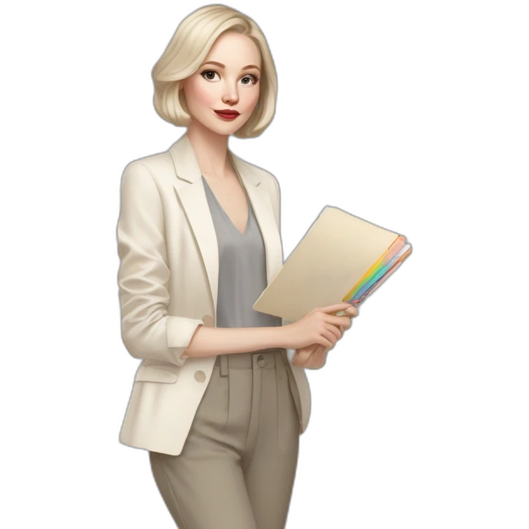 pale skin woman with ash blonde Straightened bob Hair, White Spacious classical jacket, beige palazzo Arrow pants and gray blouse holding a color palette in the hands emoji