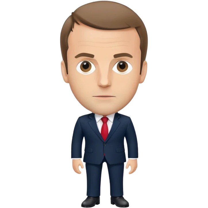 figure of Emmanuel Macron with an oversized head and small body, standing, wearing a dark navy suit and red tie, highly recognizable face, simplified details emoji