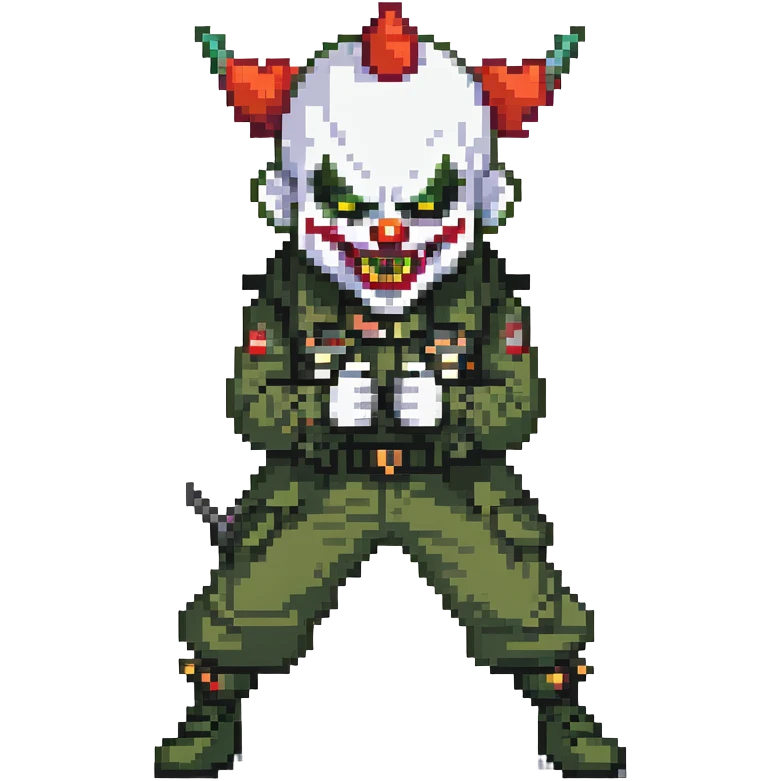 evil clown soldier, bald, short devil horns on forehead, fangs, pointed ears, black and military green clothes, fighting stance emoji