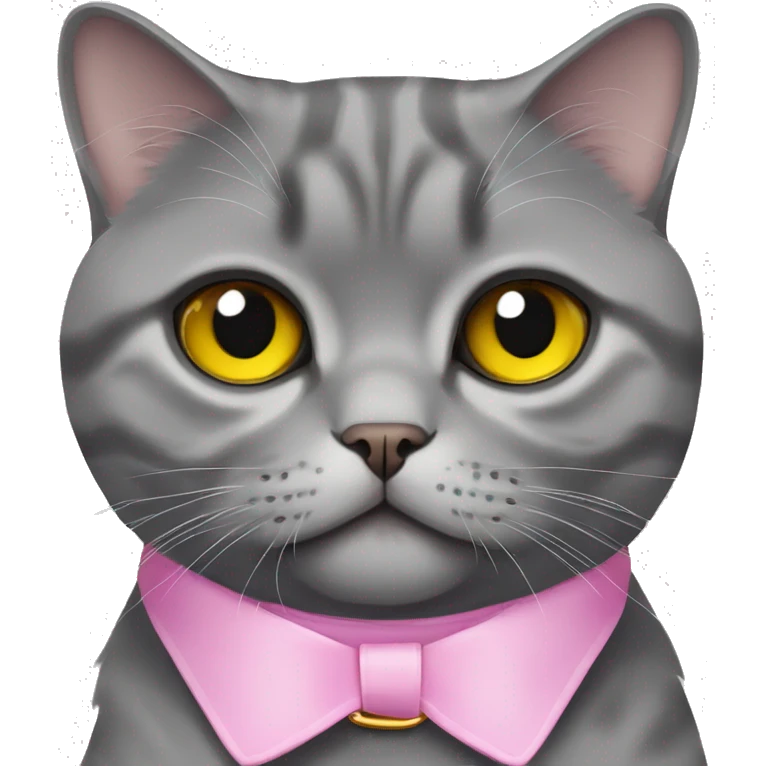 gray scottish fold cat with yellow eyes wearing a pink collar emoji