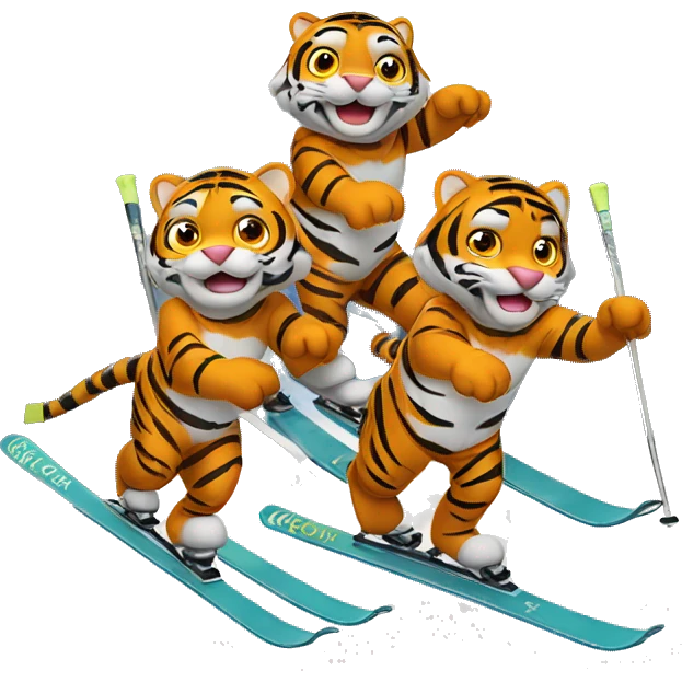 three tigers on skis on a slalom emoji