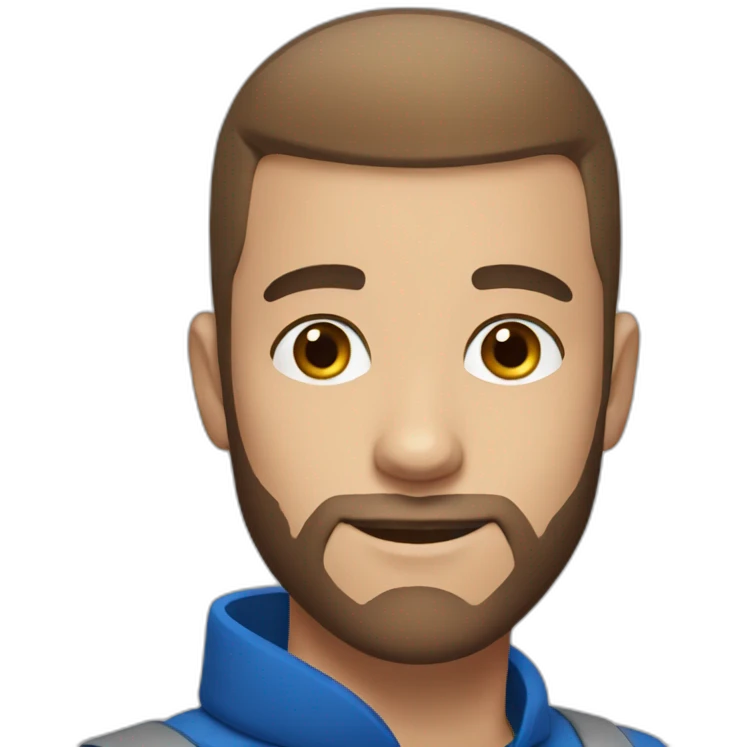 Young guy with brown buzzcut hairstyle and brown beard and blue eyes emoji