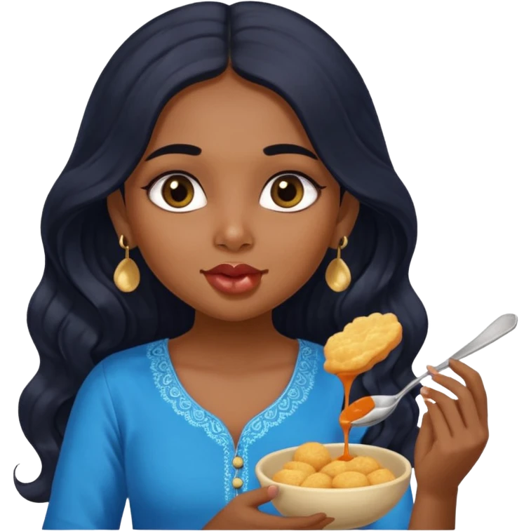 a pretty indian bratz girl with wavy long black hair. eyeliner on, wearing a blue kurti, eating golgappa (without spoon) emoji