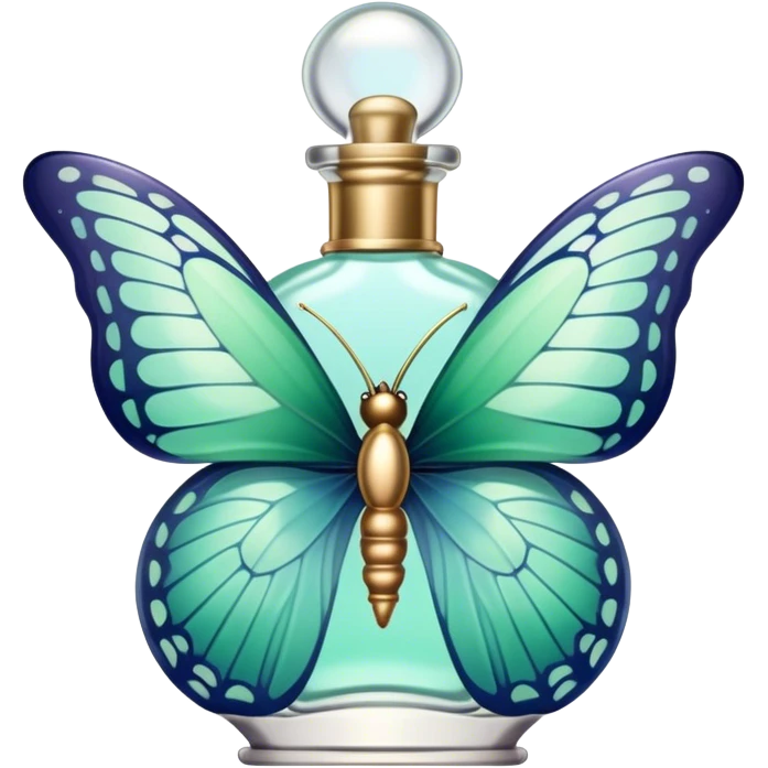 A delicate butterfly with pastel green and blue wings resting on a vintage glass perfume bottle with golden details. emoji