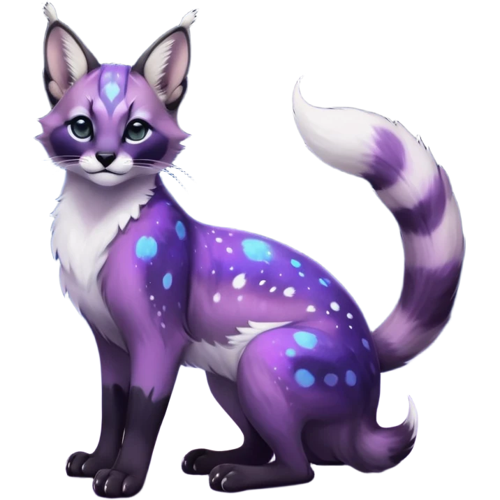 Colorful black-violet-indigo-purple-gradients nebulae nebula starry galactical shiny white-stars-spotted glorious iridescent divine exotic cute cool beautiful realistic antasy-caracal-civet-genet-sergal-vernid-Cacomistle-Trico-oncilla-animal-Fakémon-hybrid-fursona (full body) emoji