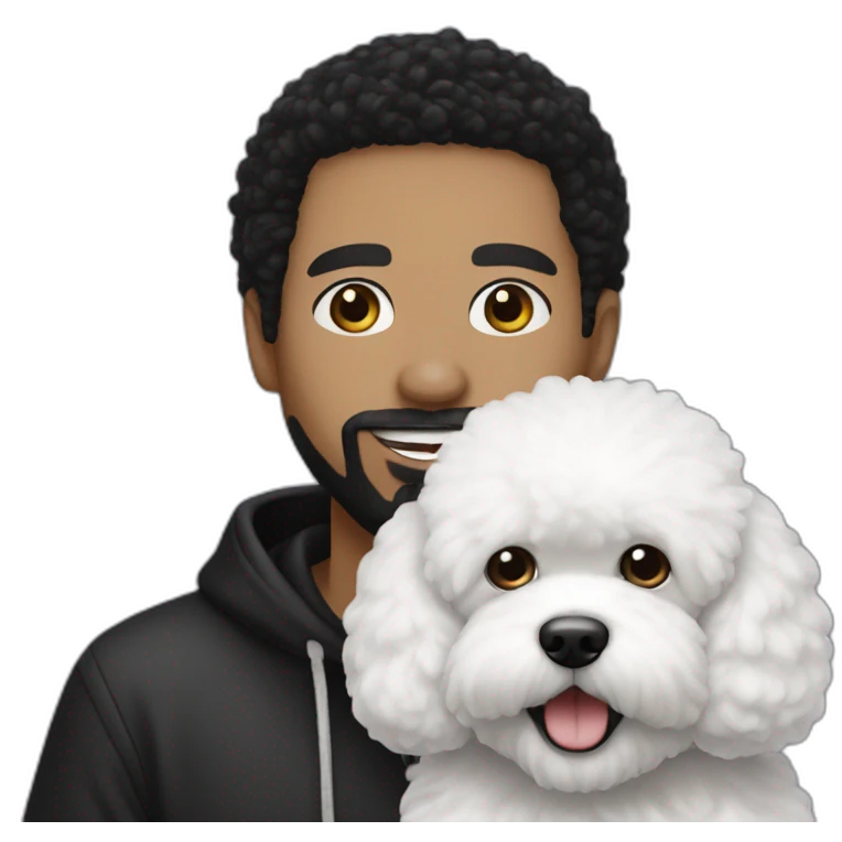 rapper-with hoop-white skin-black hair-beard-bichon dog-white-smile emoji