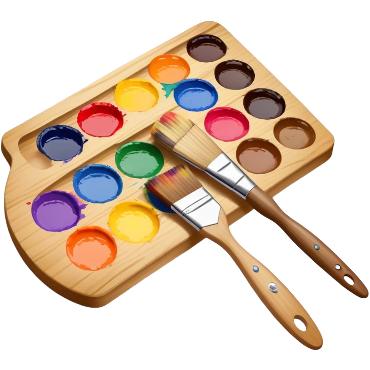 Cinematic Realistic image of a vibrant paint palette and brush, featuring a wooden palette smeared with an array of richly blended colors and a finely detailed brush with soft, delicate bristles, set against a softly textured background that evokes artistic inspiration emoji