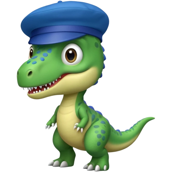 Let’s do a cute green T Rex dinosaur with a blue beret  emoji