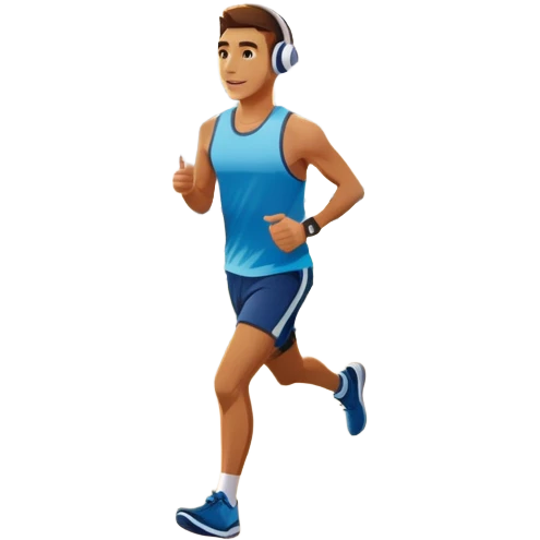 A runner wearing sports headphones jogs along a scenic waterfront promenade. The path is lined with trees, and the calm water reflects the golden hues of sunrise. In the background, a city skyline and distant mountains create a picturesque view. Transparent background enhances the motion. emoji