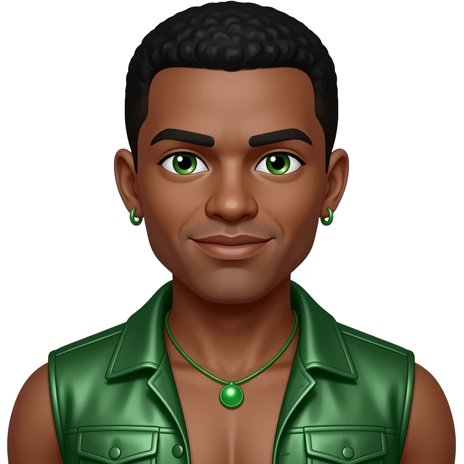 Robaire from 4*Town with dark skin, green eyes, black short hair, green metallic vest, shirtless with green necklace and short earrings emoji