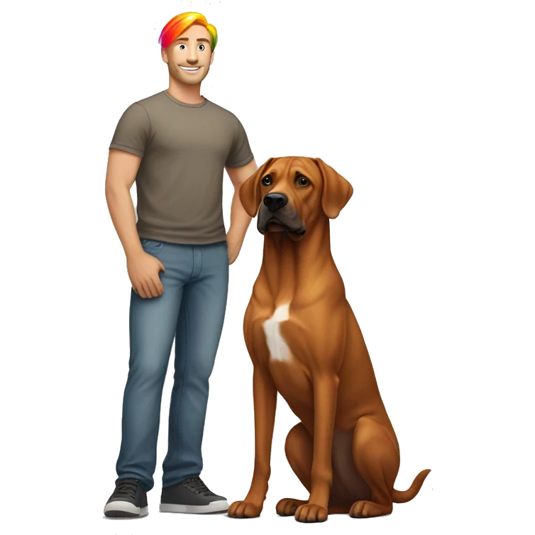white male with rainbow colored hair standing alongside a brown rhodesian ridgeback dog emoji