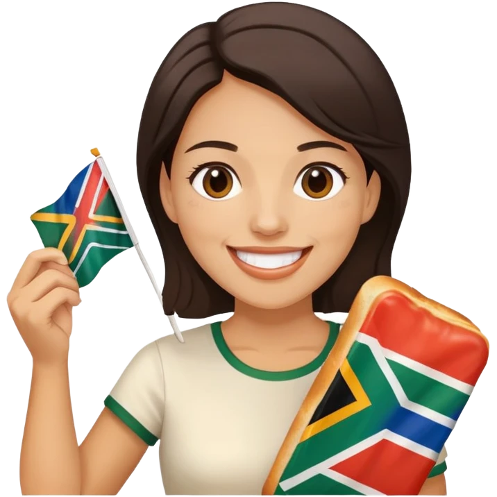 White Lady with son ( dark hair) eating white bread and holding South African flag  emoji