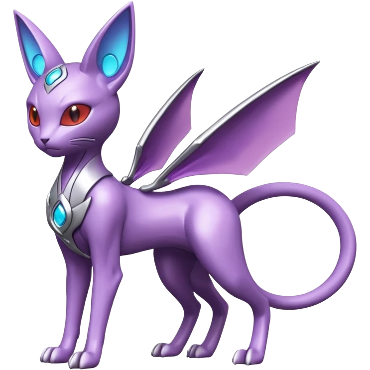 Mechanical Miraidon-Espeon-Mewtwo-Fakémon-hybrid-creature (full body) with glowing eyes  emoji