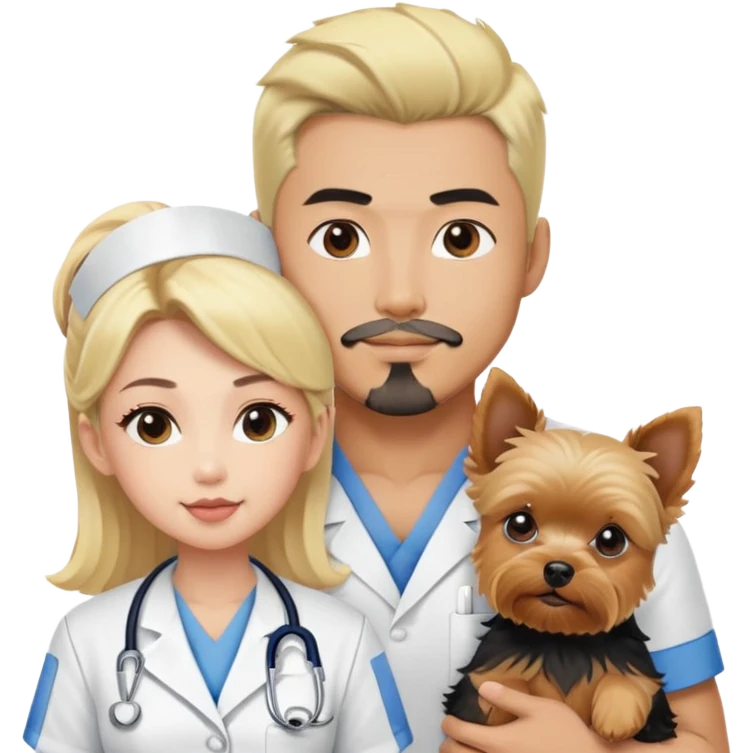 Blonde nurse next to black haired Korean Asian handsome muscular man.  black pointy hair full goatee.   Holding one blonde yorkie.  emoji
