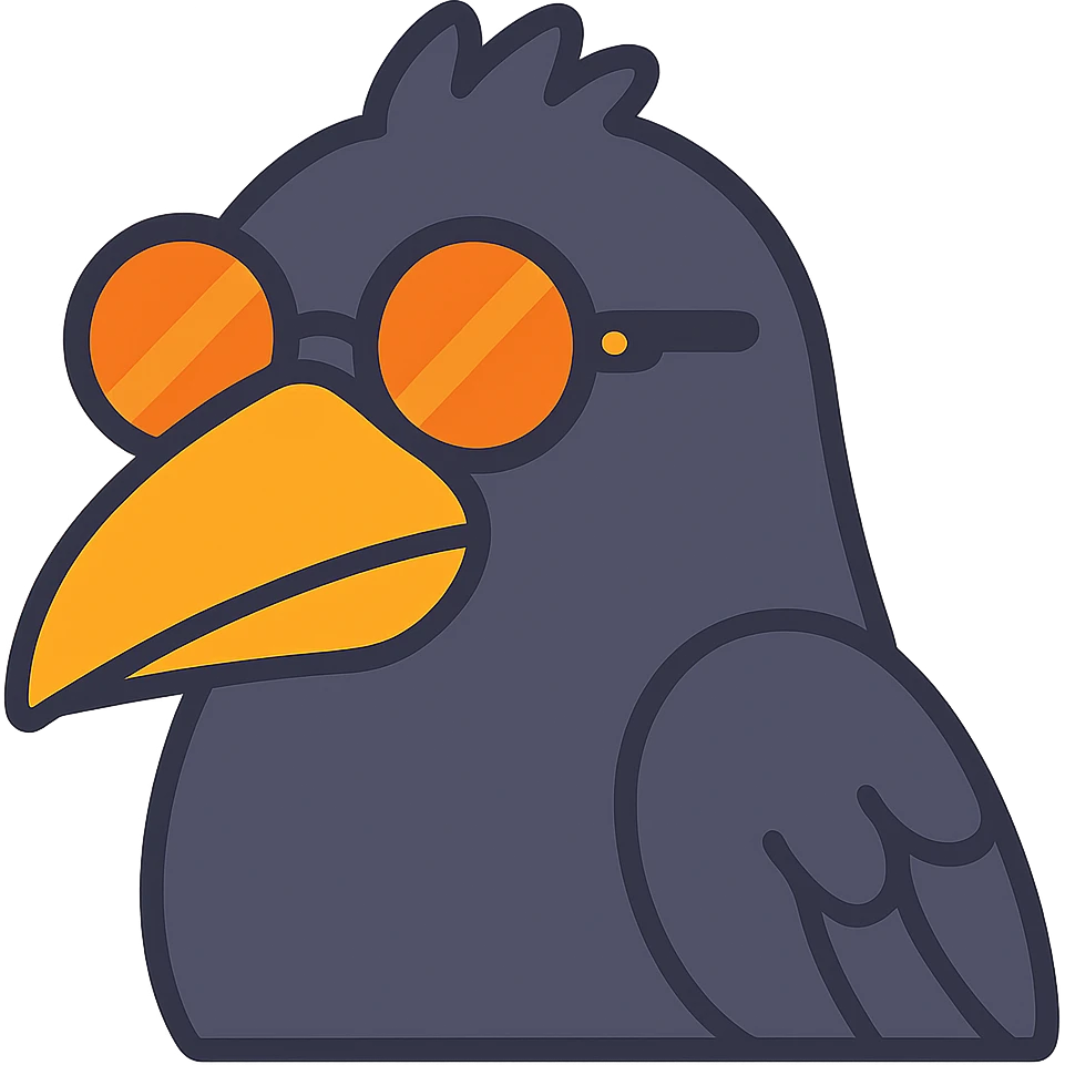 Make the bird emoji even less realistic—more cartoonish and simplified, but keep the same pose, orange beak, and round sunglasses. Minimal feather texture, smooth shading, and a playful look. No background. Maintain the style of the original bird emoji but make it more cartoonish and simplified. emoji