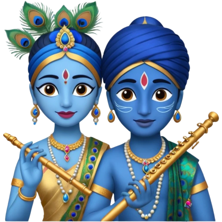 Radha and Krishna together as emoji, Krishna with blue skin, peacock feather, flute, Radha in traditional attire emoji