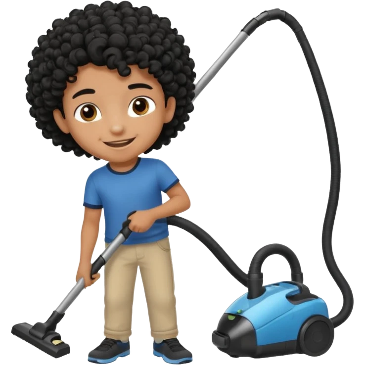 Emoji to encourage kids to do chores - should contain something about house chores, ok replace the broom with a vaccum make it atheltic boy 8 years old - egyptian with curly hair emoji